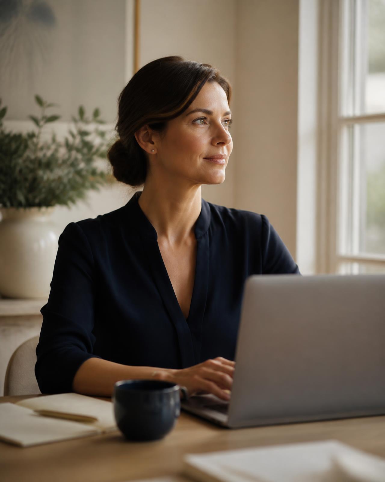 Virtual assistant working remotely at a bright desk with a laptop